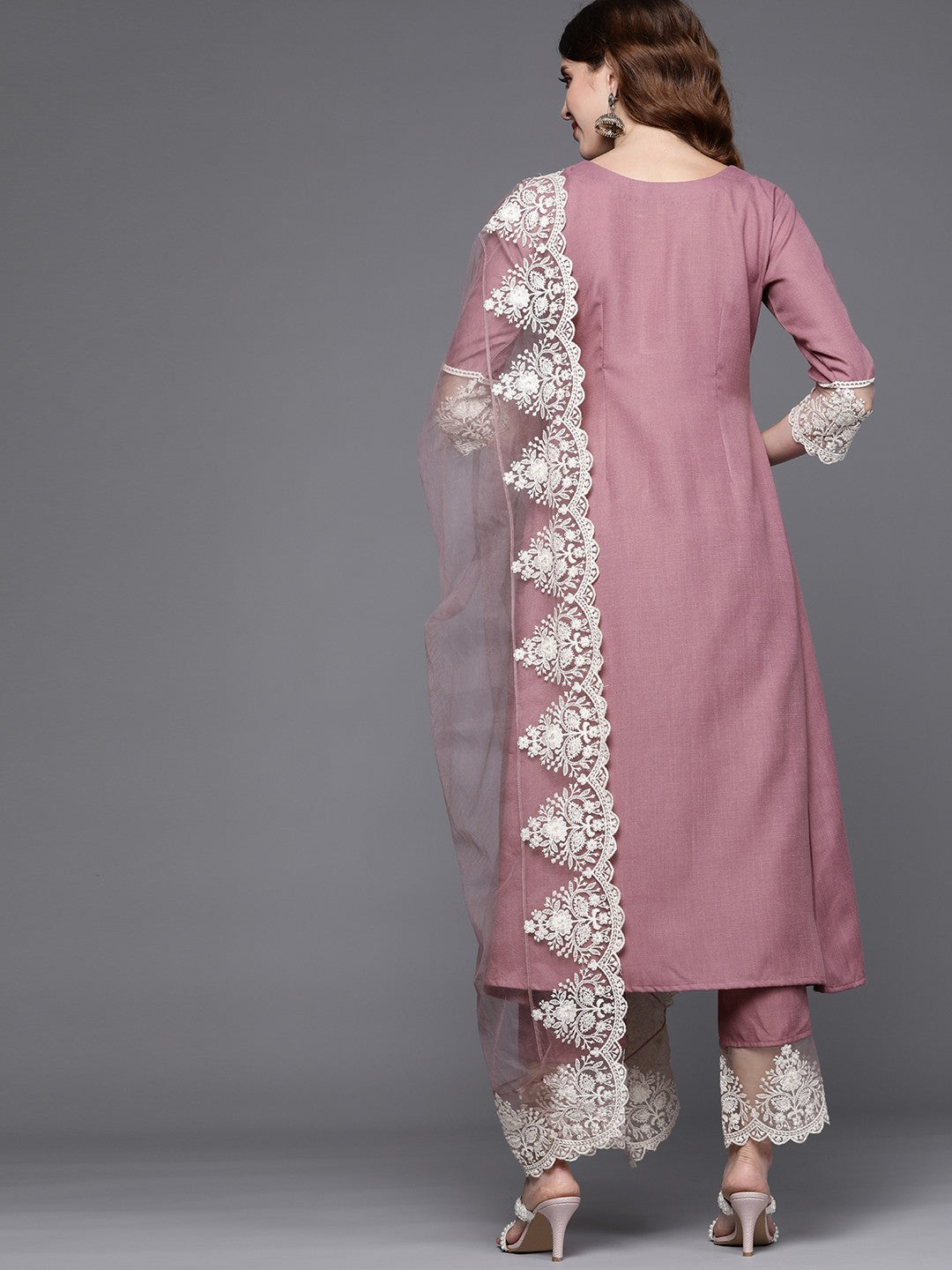 ALVAMI Women Pink Anarkali Kurta And Pant Set With Dupatta