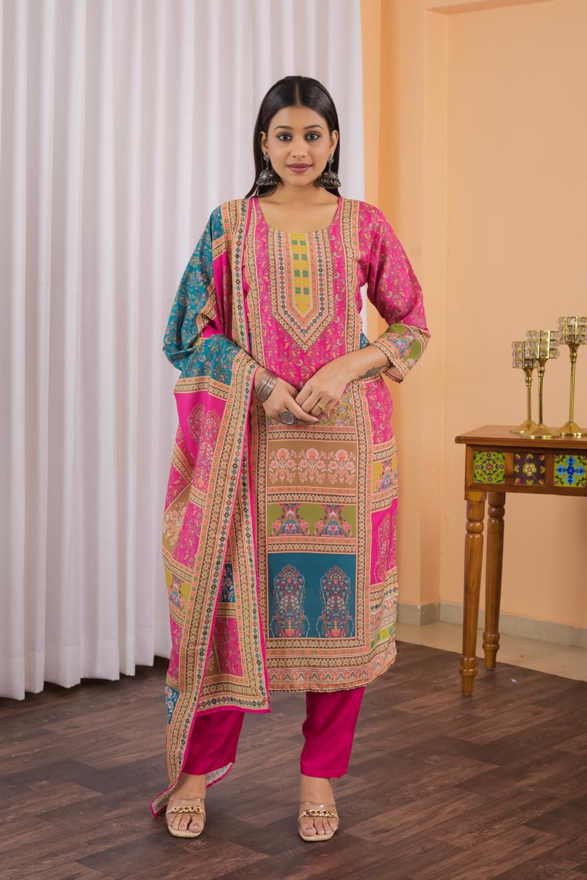 Women Printed Muslin Pakistani Suit Set With Dupatta