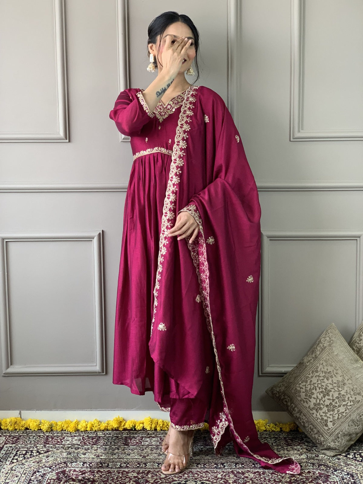 Women CP Vichitra Silk Kurta Set With Dupatta