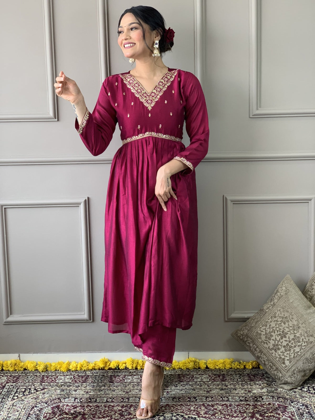 Women CP Vichitra Silk Kurta Set With Dupatta