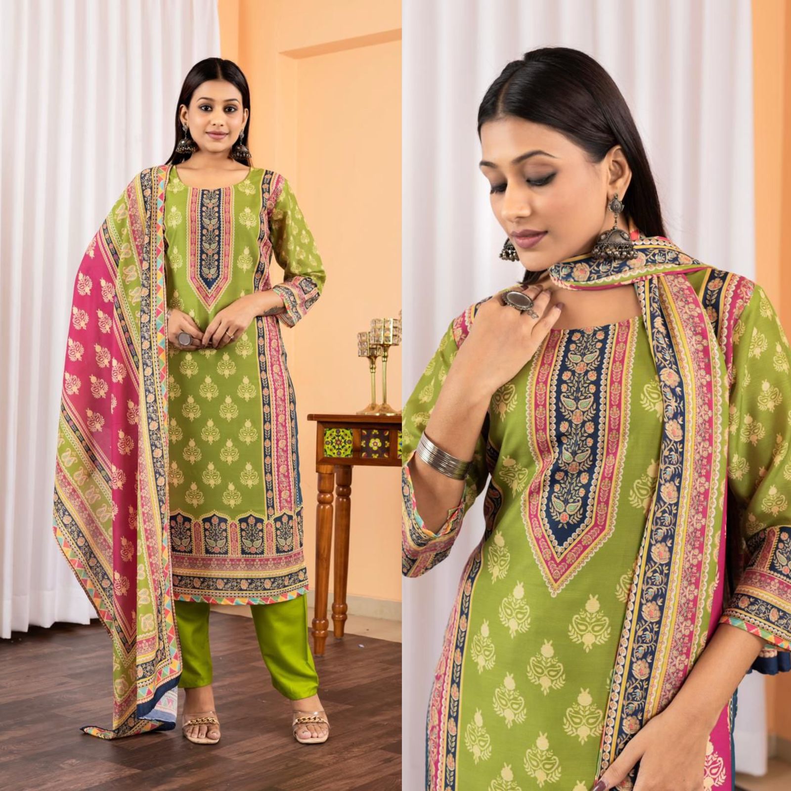 Women Printed Muslin Pakistani Suit Set With Dupatta