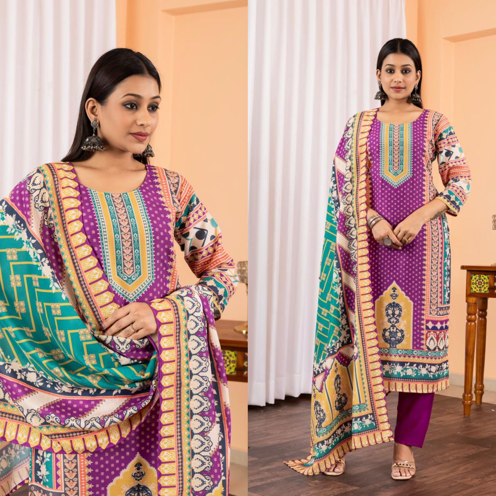 Women Printed Muslin Pakistani Suit Set With Dupatta