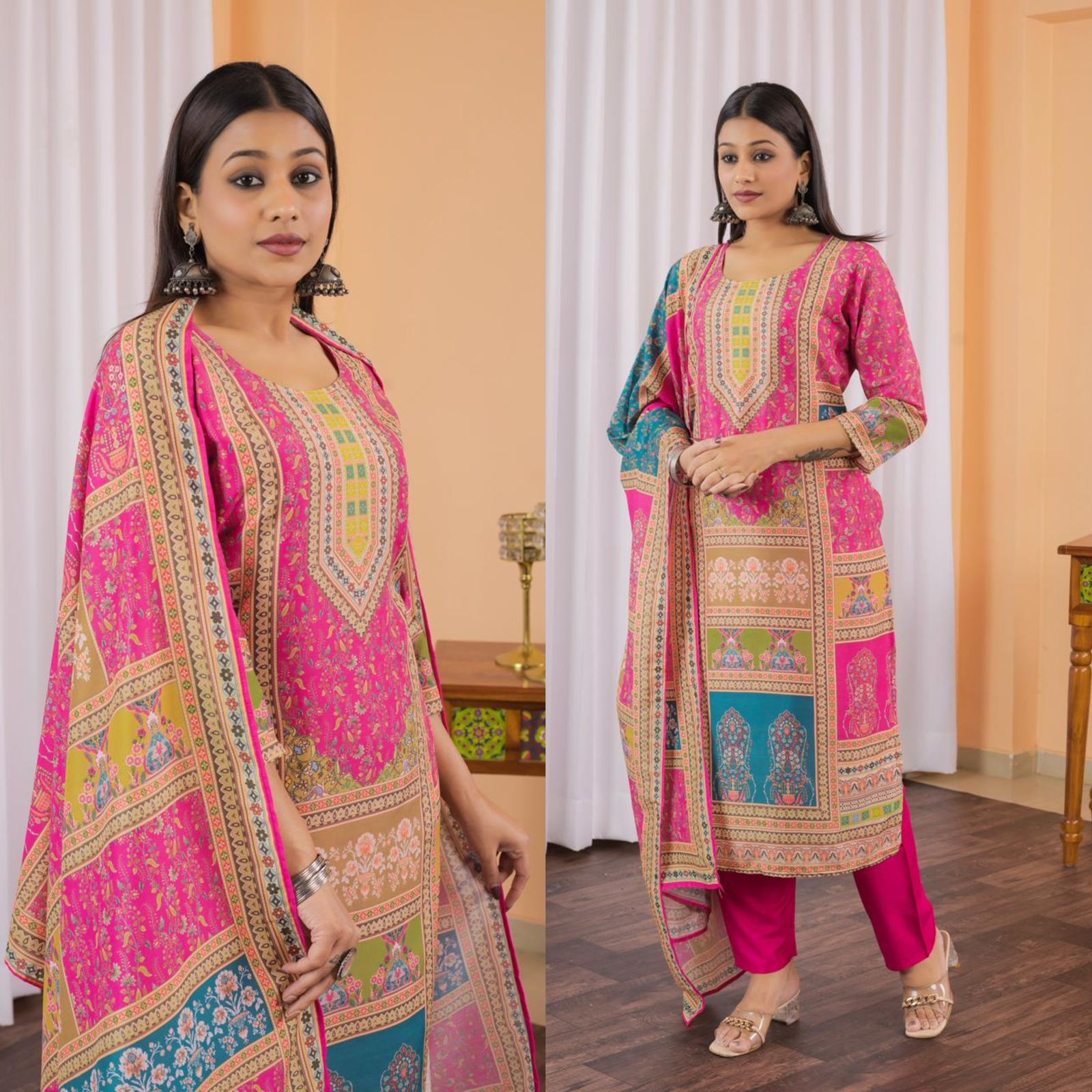 Women Printed Muslin Pakistani Suit Set With Dupatta