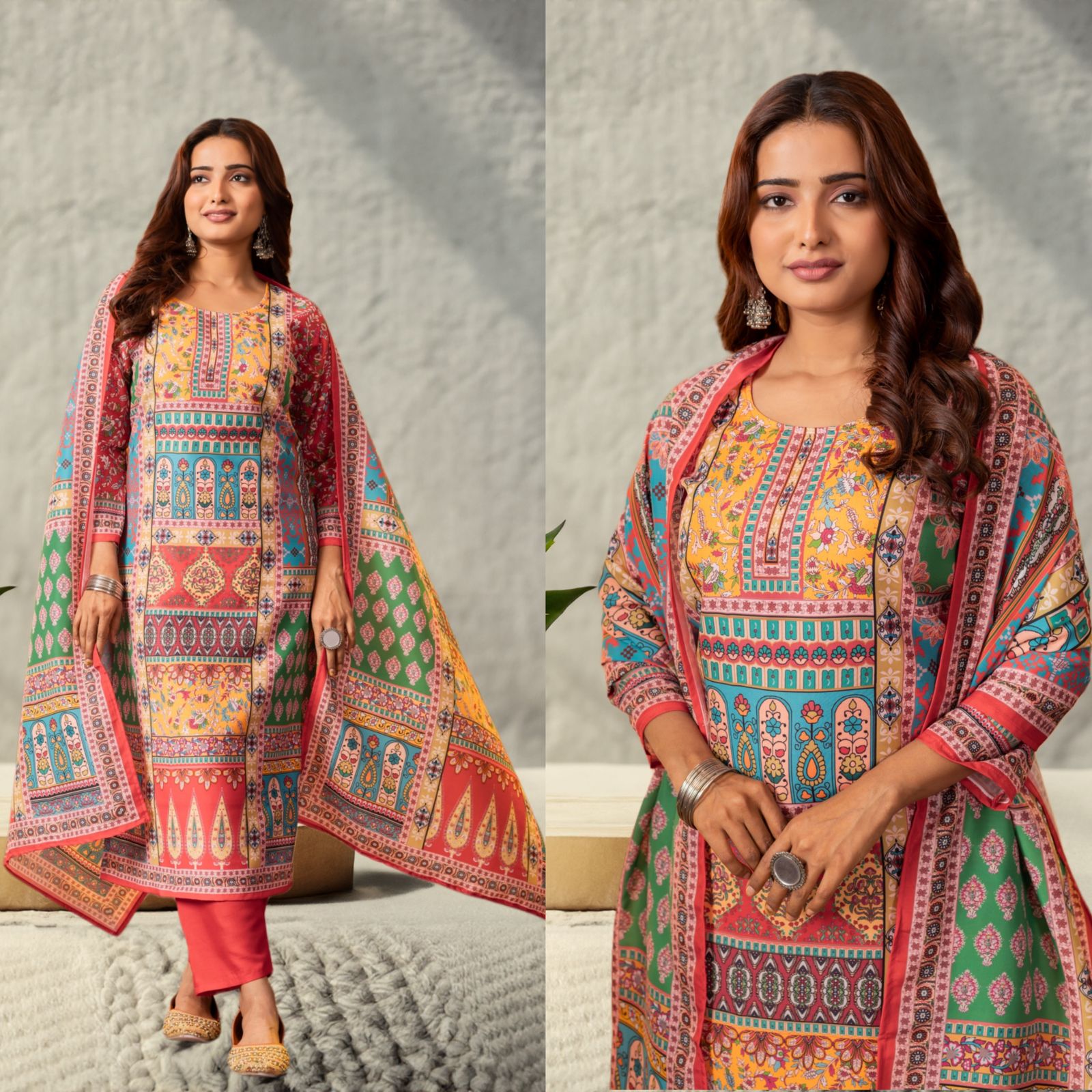 Women Printed Muslin Pakistani Suit Set With Dupatta