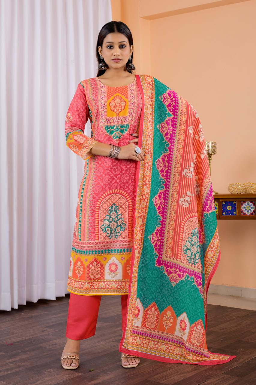 Women Printed Muslin Pakistani Suit Set With Dupatta