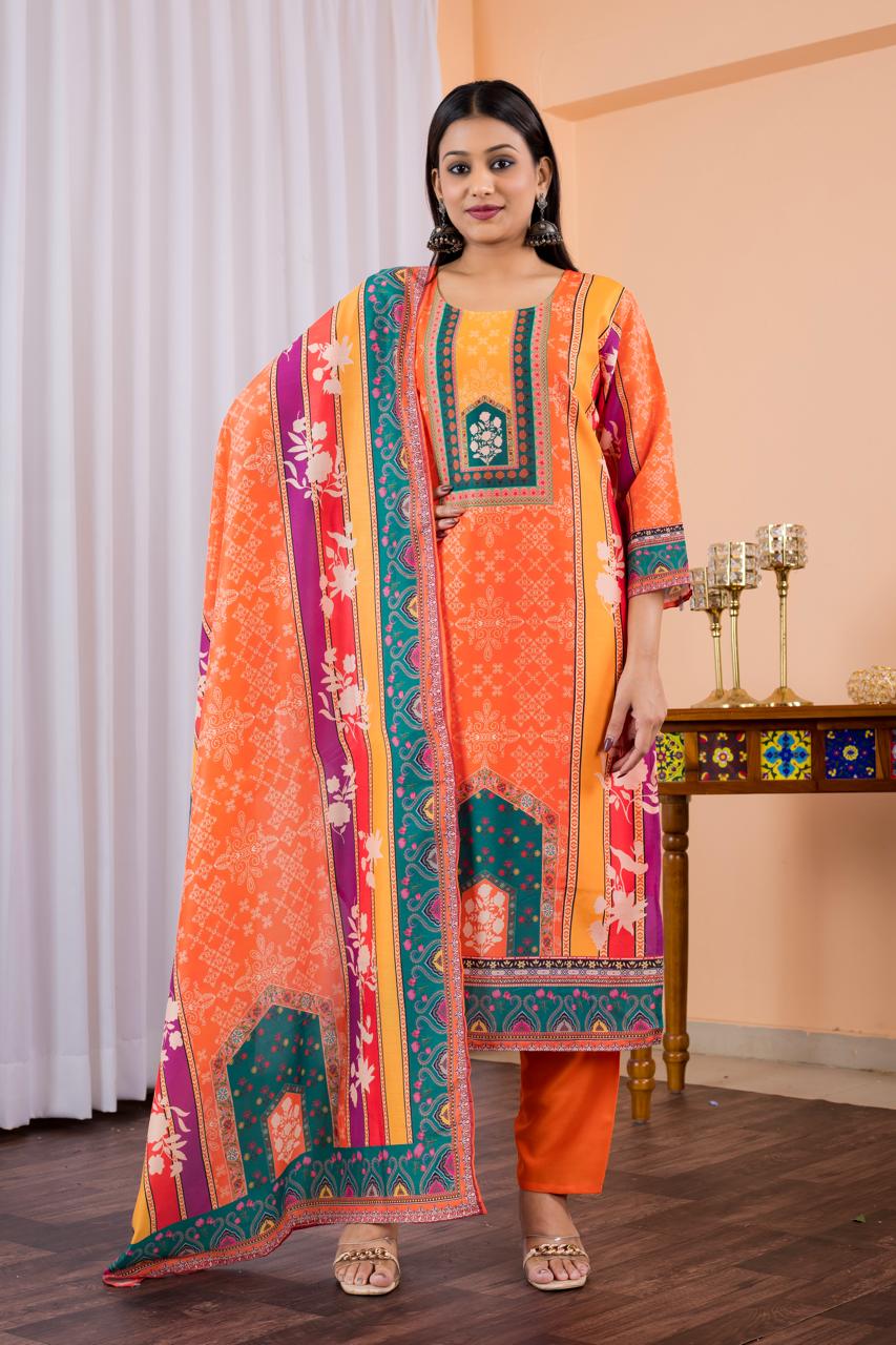 Women Printed Muslin Pakistani Suit Set With Dupatta