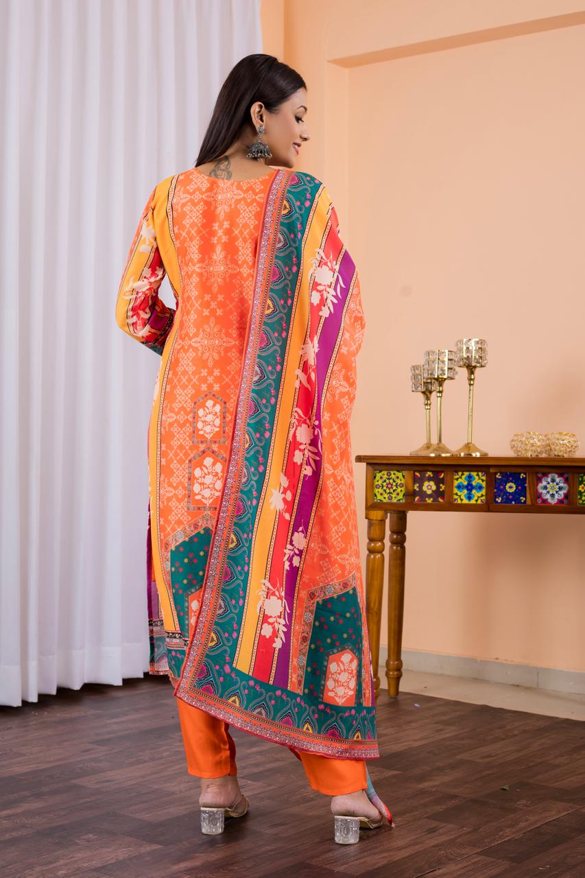 Women Printed Muslin Pakistani Suit Set With Dupatta