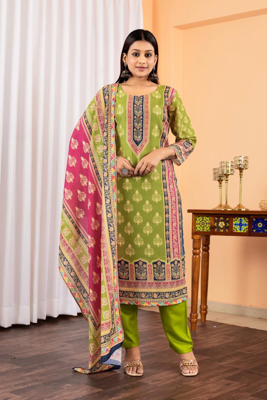 Women Printed Muslin Pakistani Suit Set With Dupatta