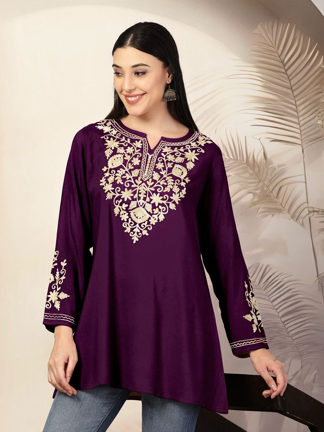 Women Floral Embroidered Jasmine Kashmiri Aari Work A-Line Kurta