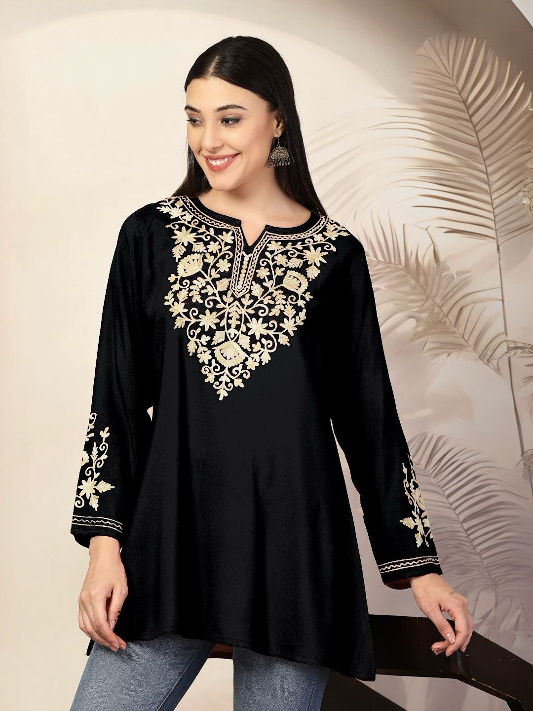 Women Floral Embroidered Jasmine Kashmiri Aari Work A-Line Kurta