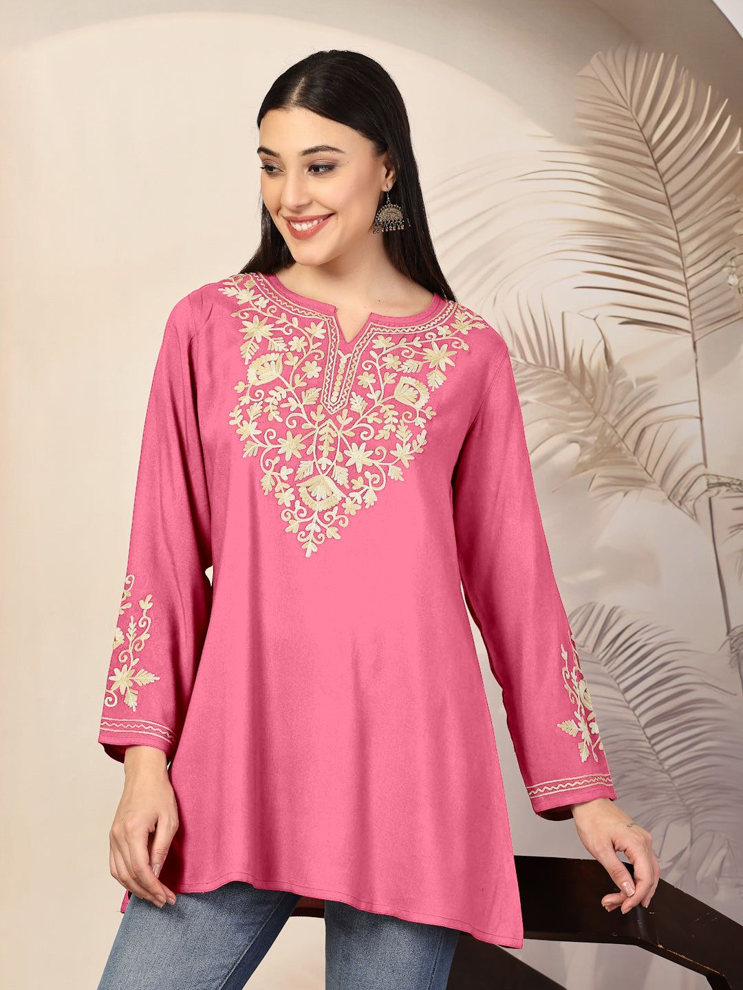 Women Floral Embroidered Jasmine Kashmiri Aari Work A-Line Kurta