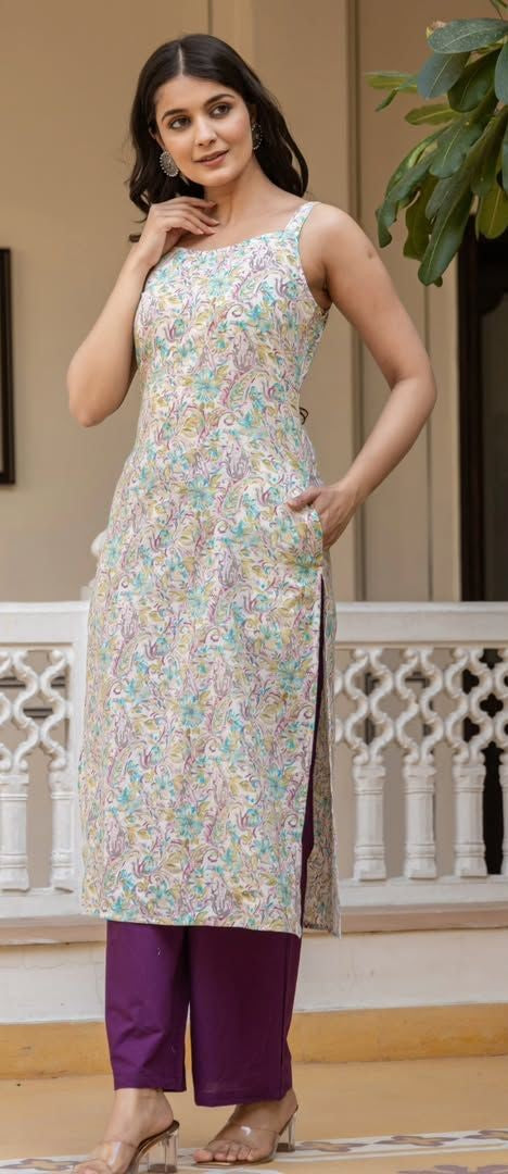 Women Sleeveless Pure Cotton Printed Kurta