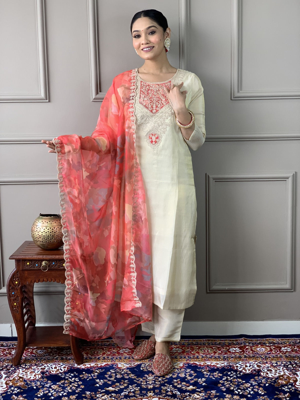 Women Chanderi Fabric Kurta Set With Dupatta