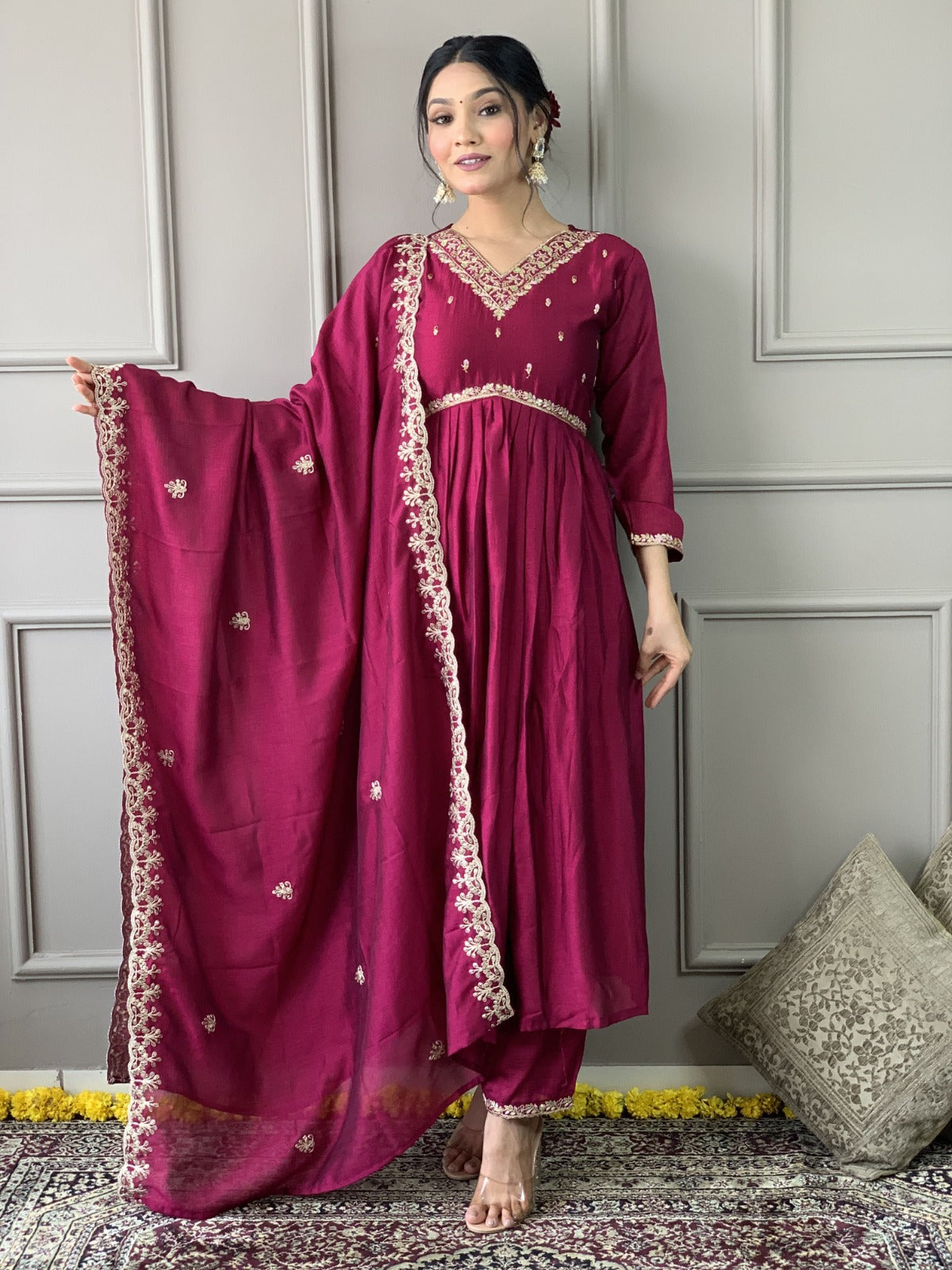 Women CP Vichitra Silk Kurta Set With Dupatta